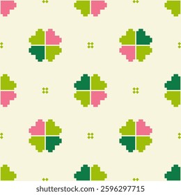 Seamless pattern clover leaves.Lucky magical plant. Background for St.Patrick's Day.Cute green shamrock four leaf. Irish Celtic folk.Pixel embroidery,ethnic,cross stitch,love.Vector illustration.