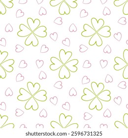 Seamless pattern clover leaves.Lucky magical plant. Background for St.Patrick's Day.Cute green shamrock four leaf. Irish Celtic folk.Pixel embroidery,ethnic,cross stitch,love heart.Doodle hand drawn.