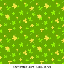 Seamless pattern with clover leaves.Magical plant. Background for St. Patrick's Day. Green endless backdrop with trefoils and quatrefoils. Shamrock. Irish story. Vector illustration.