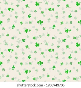 Seamless pattern with clover leaves.Magical plant. Background for St. Patrick's Day. Endless backdrop with green trefoils and quatrefoils. Shamrock. Irish story. Vector illustration.