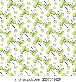 Seamless pattern with clover leaves.Magical plant. Background for St. Patrick's Day. Endless backdrop with green trefoils and bubbles. Shamrock. 