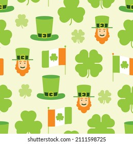 Seamless pattern of Clover, Leprechaun, and Irish flag