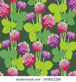 Seamless pattern with clover on green background. Design element for textile, fabrics, scrapbooking, wallpaper and website background.  Vector illustration