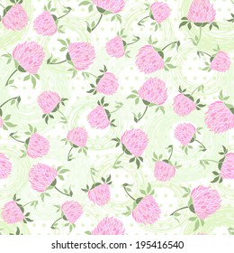 Seamless pattern with clover on the  polka dots background 