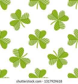 Seamless pattern with clover on a white background, for St. Patrick's Day. Excellent design for packaging, wrapping paper, textile, clothes and etc.