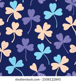 Seamless pattern with clover in pastel delicate colors. Vector hand-drawn illustration.