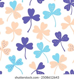 Seamless pattern with clover in pastel delicate colors. Vector hand-drawn illustration.
