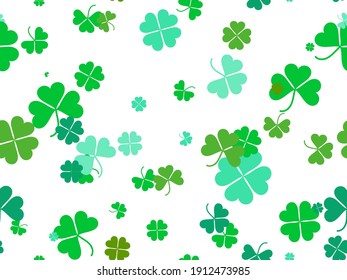 Seamless pattern with clover for Saint Patrick's Day. Green shades of four-leafed and three-leafed clover. Background for advertising products, postcards and printing. Vector illustration