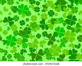 Seamless pattern with clover for Saint Patrick's Day. Green shades of four-leafed and three-leafed clover. Background for advertising products, postcards and printing. Vector illustration