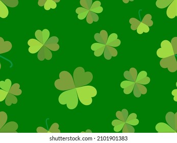 Seamless pattern with clover for Saint Patrick's Day. Green shades of four-leafed and three-leafed clover. Background for advertising products, postcards and printing. Vector illustration