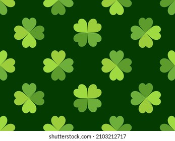 Seamless pattern with clover for Saint Patrick's Day. Green shades of four-leafed and three-leafed clover. Background for advertising products, postcards and printing. Vector illustration