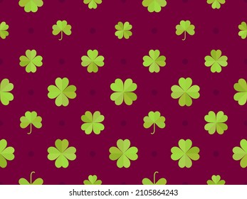 Seamless pattern with clover for Saint Patrick's Day. Green four-leaf clovers on a red background. Festive background for advertising products, wrapping paper and greeting card. Vector illustration