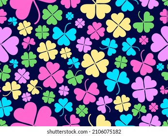 Seamless pattern with clover for Saint Patrick's Day. Multi-colored four-leaf clovers on a dark background. Festive background for advertising product and wrapping paper. Vector illustration