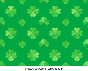 Seamless pattern with clover for Saint Patrick's Day. Green shades of four-leafed and three-leafed clover. Background for advertising products, postcards and printing. Vector illustration