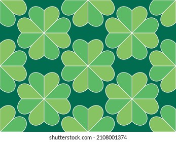 Seamless pattern with clover for Saint Patrick's Day. Green shades of four-leafed and three-leafed clover. Background for advertising products, postcards and printing. Vector illustration