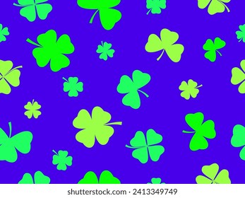 Seamless pattern with clover for Saint Patrick's Day. Green shades of four-leafed and three-leafed clover. Background for advertising products, postcards and printing. Vector illustration