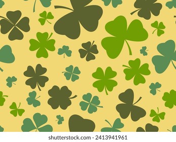 Seamless pattern with clover for Saint Patrick's Day. Green shades of four-leafed and three-leafed clover. Background for advertising products, postcards and printing. Vector illustration