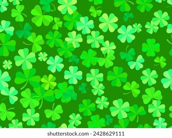 Seamless pattern with clover for Saint Patrick's Day. Green shades of four-leafed and three-leafed clover. Background for advertising products, postcards and printing. Vector illustration