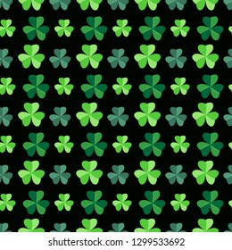 Seamless pattern with clover shamrock trefoil leaves. St. Patrick’s Day festival background. Spring backdrop. Design for textile, wallpaper, fabric. Dark green background Vector