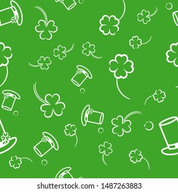 Seamless pattern with clover, top hat and decorative geometric elements for St. Patrick's Day. Vector illustration with four leaf and three leaf clover on a green background. Outline drawing. Print.