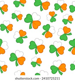 Seamless pattern with clover or trefoil in Irish flag colors