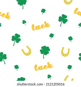 seamless pattern with clover, trefoil, shamrock, golden horseshoe and luck for Saint Patrick's day, vector illustration