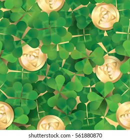 Seamless pattern, clovers and coins