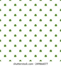 Seamless pattern with clovers leaves and stripes in rhomb shape for design of St. Patricks Day items. Vector repeating background for greeting card, cover, presentation, web site, banner, etc.