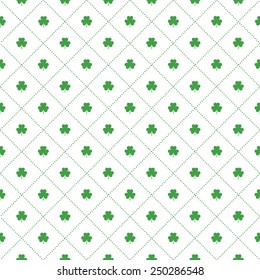 Seamless pattern with clovers leaves and stripes in rhomb shape for design of St. Patricks Day items. Vector repeating background for greeting card, cover, presentation, web site, banner, etc.
