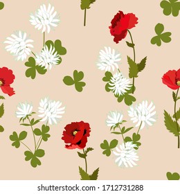 Seamless pattern with clovers and poppies on beige background. For decorating textiles, packaging. Vector illustration.