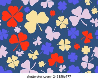 Seamless pattern with clovers for St. Patrick's Day. Multi-colored four-leaf and three-leaf clover leaves. Background for printing on paper, advertising materials and fabric. Vector illustration