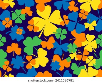 Seamless pattern with clovers for St. Patrick's Day. Multi-colored four-leaf and three-leaf clover leaves. Background for printing on paper, advertising materials and fabric. Vector illustration