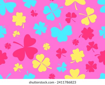 Seamless pattern with clovers for St. Patrick's Day. Multi-colored four-leaf and three-leaf clover leaves. Background for printing on paper, advertising materials and fabric. Vector illustration