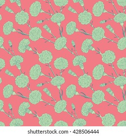 Seamless pattern of cloves. Graphic pictures of bouquets carnations in a stylized colors. Randomly scattered flowers