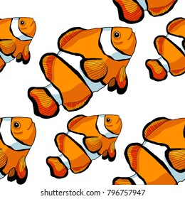 seamless pattern Clown fish amphiprienes exotic red sea  vector illustration