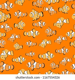 Seamless pattern. Clown fish on orange background.