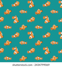 Patrón sin fisuras con peces payaso sobre un fondo turquesa. Ilustración vectorial.