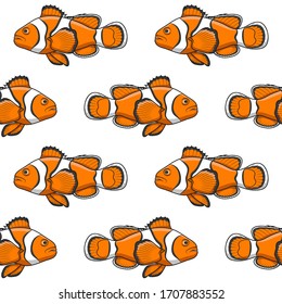 Seamless pattern with clown fish. Vector background with tropical fish on a white background.