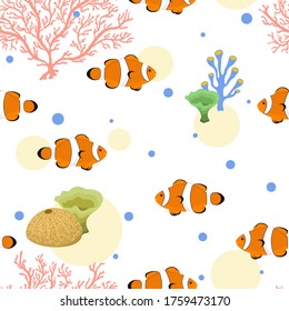 Seamless pattern with clown fishes, seaweeds and corals. Vector hand drawn illustration of underwater sea life with tropical exotic aquacultures. Print and textile design.