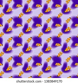 Seamless pattern with clownfish and purple background with paper cut depth imitation. Vector illustration.