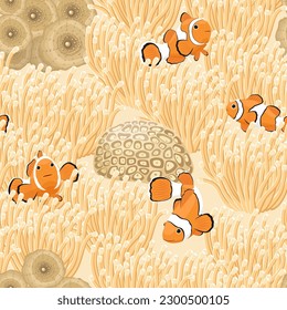 Seamless pattern with clownfish and sea anemone.