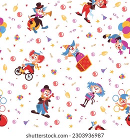 Seamless pattern with clowns. Comedians with bright makeup. Circus characters. Decor textile, wrapping paper, wallpaper design. Print for fabric. Cartoon flat style