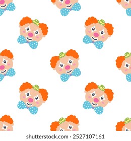 seamless pattern with clowns, comedians with bright makeup, circus characters, print for decor textile, wrapping paper, wallpaper design, cartoon flat style