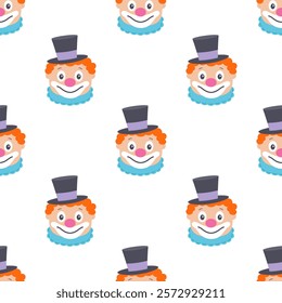 seamless pattern with clowns, comedians with bright makeup, circus characters, print for decor textile, wrapping paper, wallpaper design, cartoon flat style