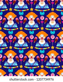 Seamless pattern with clowns,candies, and ice creams on dark background