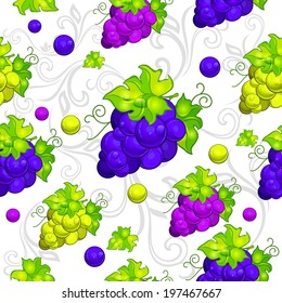 Seamless pattern with cluster grapes and green leaves on white, vector illustration