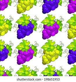 Seamless pattern with cluster grapes and green leaves on white, vector illustration