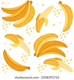 Padrão sem emenda Aglomerado de bananas amarelas com um parcialmente descascado com frutos macios dentro. Frutos tropicais frescos maduros. Ilustração vetorial sobre fundo branco