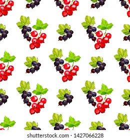 Seamless pattern of clusters of berries of red currant and black smrodina on a branch in low poly style on a white background