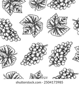 Seamless pattern with clusters and leaves of grapes. Vector graphics, black and white hand-drawn illustration. On a white background. Design element for packages, labels, textiles